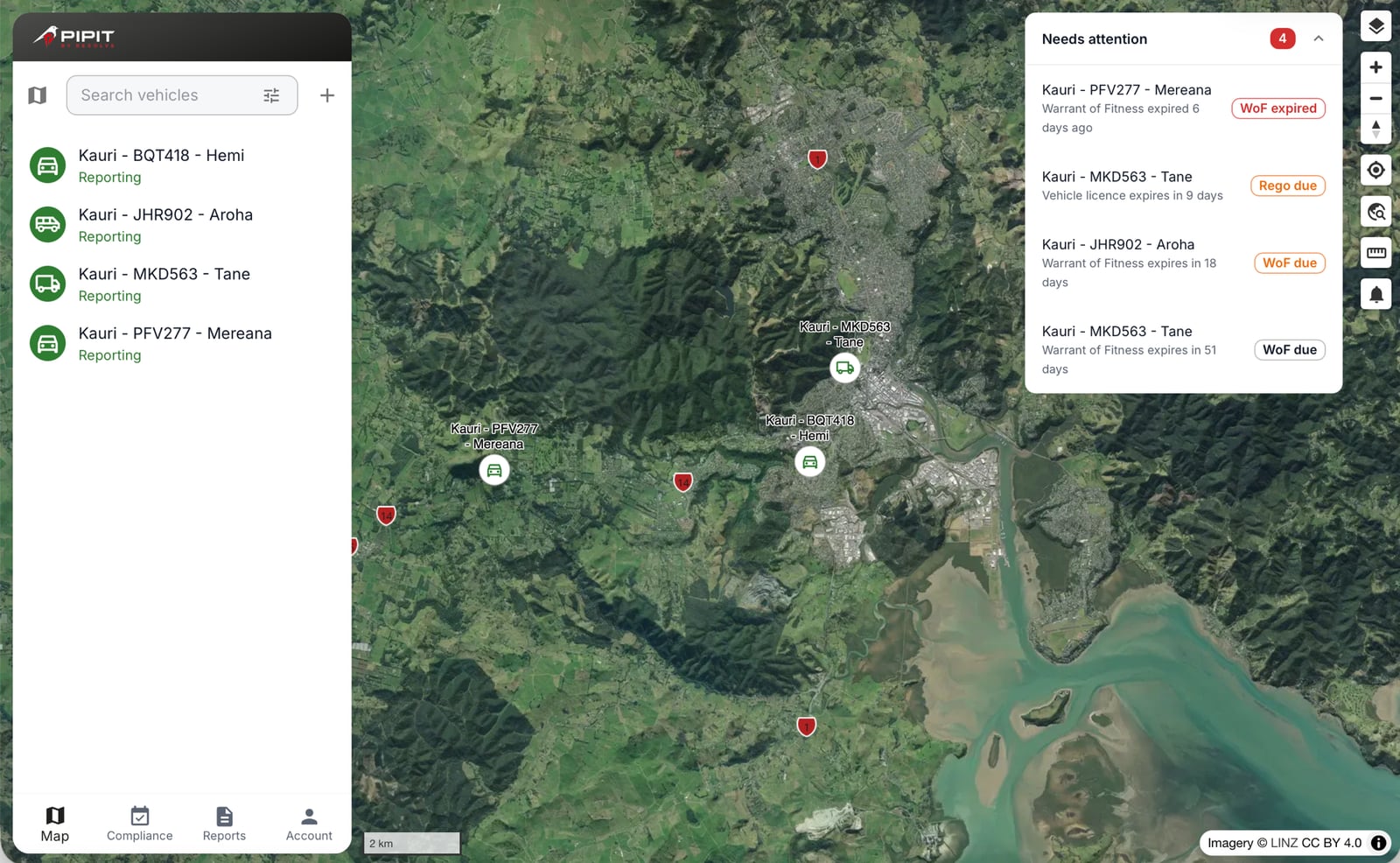 The Pipit map showing four vehicles across a New Zealand city, with the needs-attention panel open