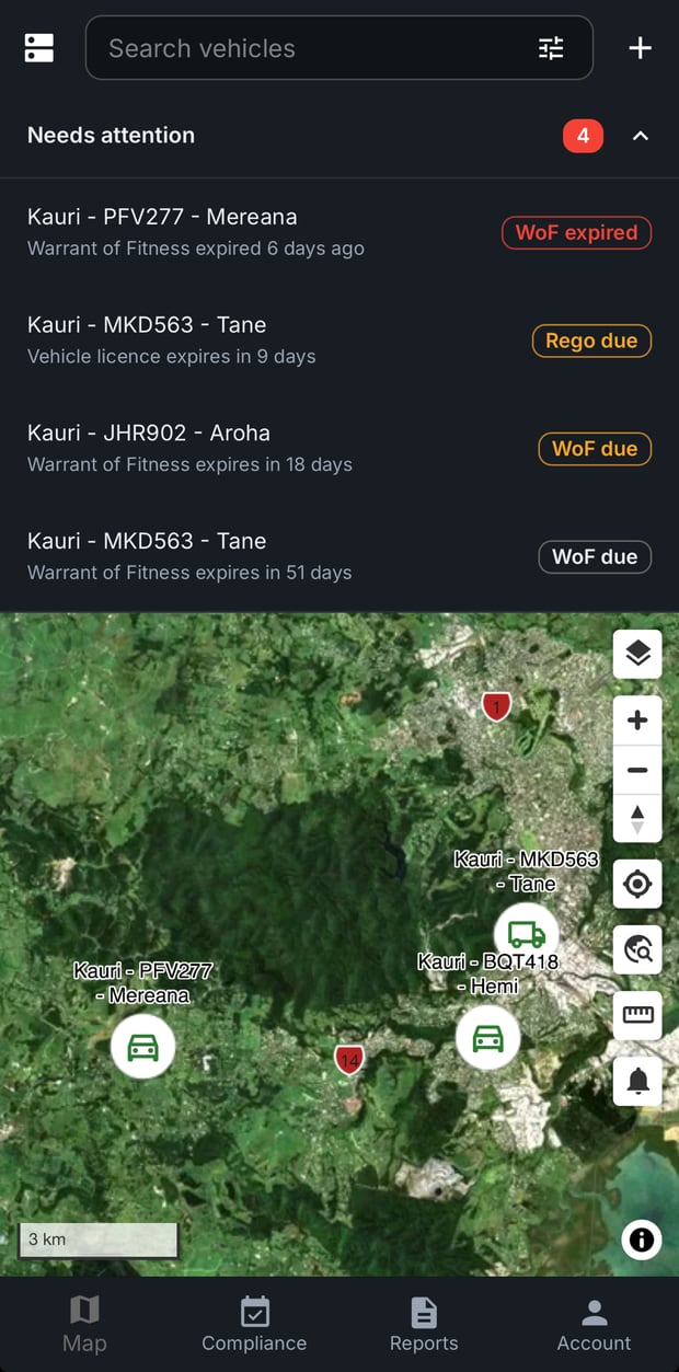 The Pipit map on a phone with the needs-attention list open